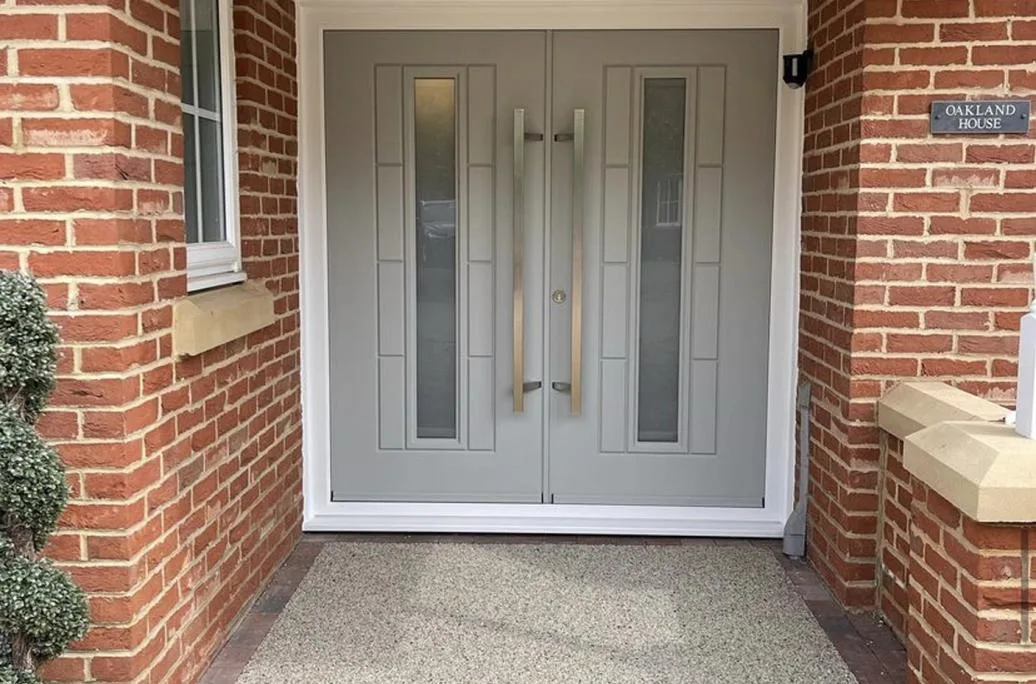 Agate grey Vermont composite double doors with misted glass